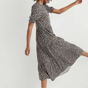 Aerie Garden Party Midi Ruffle Tiered Keyhole Back Dress in Black Floral XS